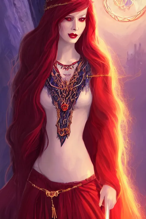 Prompt: a full body portrait of a gorgeous female sorceress, looking at camera, D&D, choker on neck, stylish dress with arcane magic symbols, very long flowing red hair, intricate, elegant, stylish, cute slightly nerdy smile, mouth slightly open, fantasy, extremely detailed, digital painting, artstation, concept art, smooth, sharp focus, illustration, stunning lighting, art by artgerm and greg rutkowski and alphonse mucha and simon stalenhag