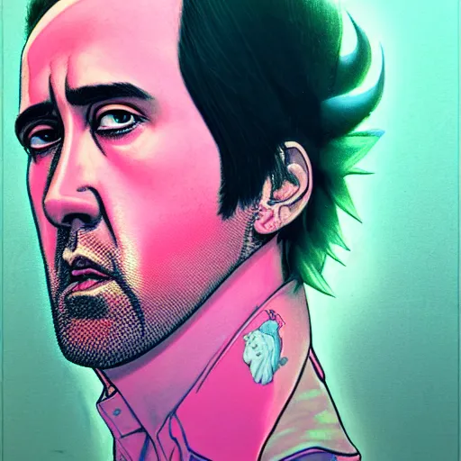 Image similar to prompt : pink nicolas cage illustration portrait soft light painted by james jean and katsuhiro otomo and erik jones, inspired by evangeleon anime, smooth face feature, intricate oil painting, high detail illustration, sharp high detail, manga and anime 1 9 9 9