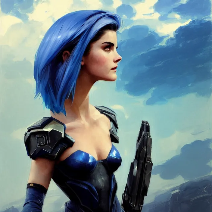 Prompt: portrait of a combination of Ashley Greene, Adriana Dxim, Grace Kelly and Emma Watson with blue hair wearing Interceptor's armor from Anthem, countryside, calm, fantasy character portrait, dynamic pose, above view, sunny day, thunder clouds in the sky, artwork by Jeremy Lipkin and Giuseppe Dangelico Pino and Michael Garmash and Rob Rey and Greg Manchess and Huang Guangjian, very coherent asymmetrical artwork, sharp edges, perfect face, simple form, 100mm