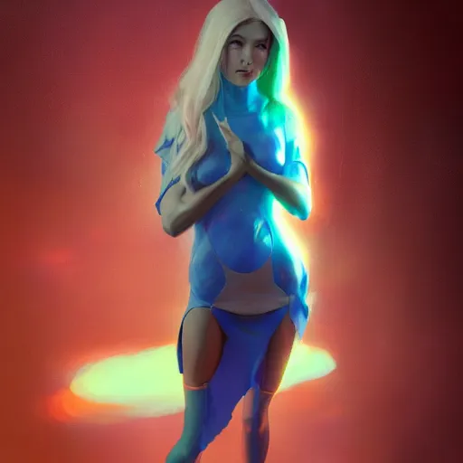 Image similar to a painting of an female elf wearing a skintight dress with blonde hair and blue eyes. by tooth wu and wlop and beeple and greg rutkowski. trending on artstation, highly detailed, volumetric lightning