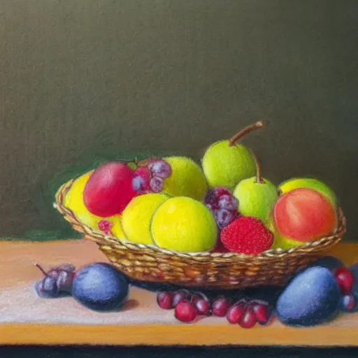 Prompt: a fruit basket on top of a kitchen table, pastels