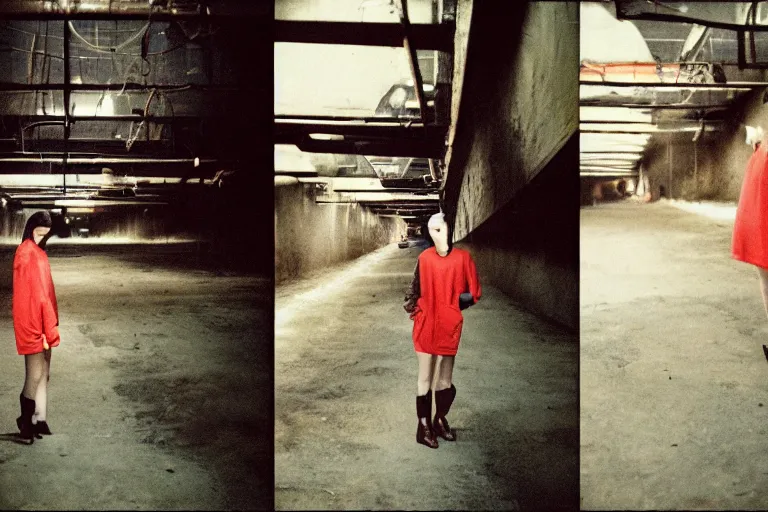 Prompt: 35mm color lomography, last photo, portrait, fashion shoot, weird, random, strange, spooky, interesting, basement