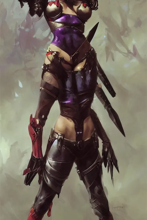 Image similar to portrait of dark eldar Harley Quinn in bikini armor, dc comics, cyberpunk, Warhammer 40000, dark fantasy, digital art from artstation by Ruan Jia and Mandy Jurgens and Artgerm and william-adolphe bouguereau