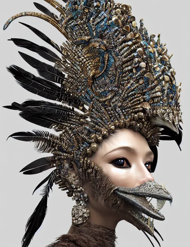 Prompt: 3 d goddess close - up profile portrait with feathers, fur, and bones. beautiful intricately detailed kookaburra mask and retrowave sorceress outfit. lizard scales, reflective chitin, optical mineralogy, songlines, plasma, creature, artwork by tooth wu and android jones wlop and android jones and beeple and greg rutkowski