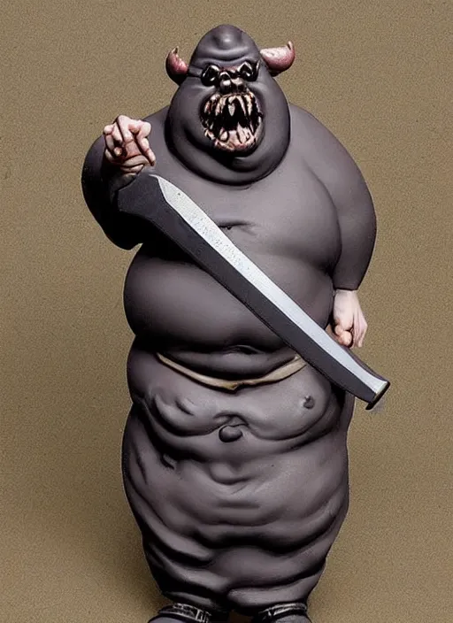 Prompt: Image on the store website, eBay, Wonderfully detailed 80mm Resin figure of a ugly fat monster with a dirty knife .