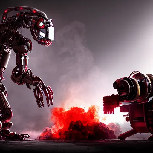 Prompt: post - apocalyptic, a very strong terminator robot with red enerygies, is shaking hands with a small alien creature that has multiple eyes. smoke. volumetric lighting, sharp focus, ultra detailed, cgsociety