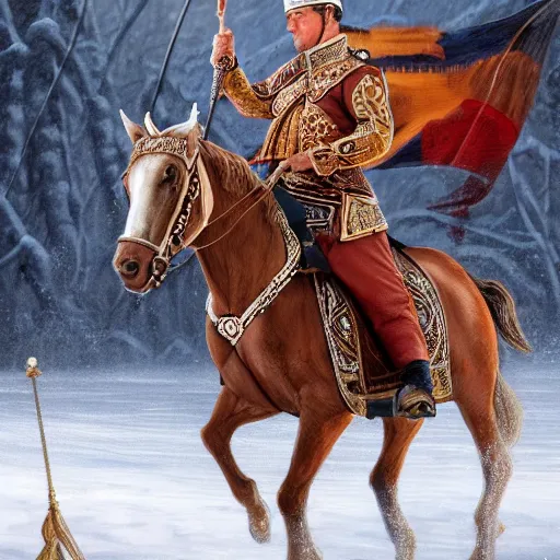 Image similar to an extremely realistic portrait depicting the coronation of viktor orban dressed in royal national costume, riding a horse on the frozen danube, detailed, intricate, elegant, highly detailed, digital painting, artstation, concept art, smooth, sharp focus, illustration,