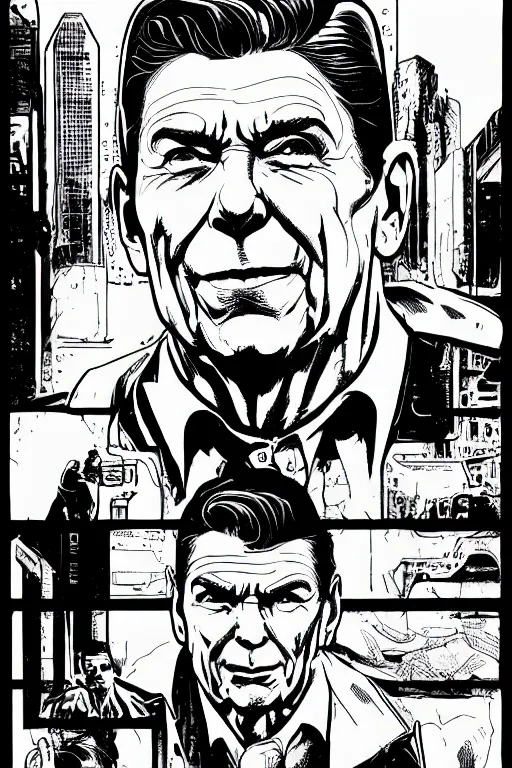 Prompt: ronald reagan, portrait, a page from cyberpunk 2 0 2 0, style of paolo parente, style of mike jackson, adam smasher, johnny silverhand, 1 9 9 0 s comic book style, white background, ink drawing, black and white, colouring pages