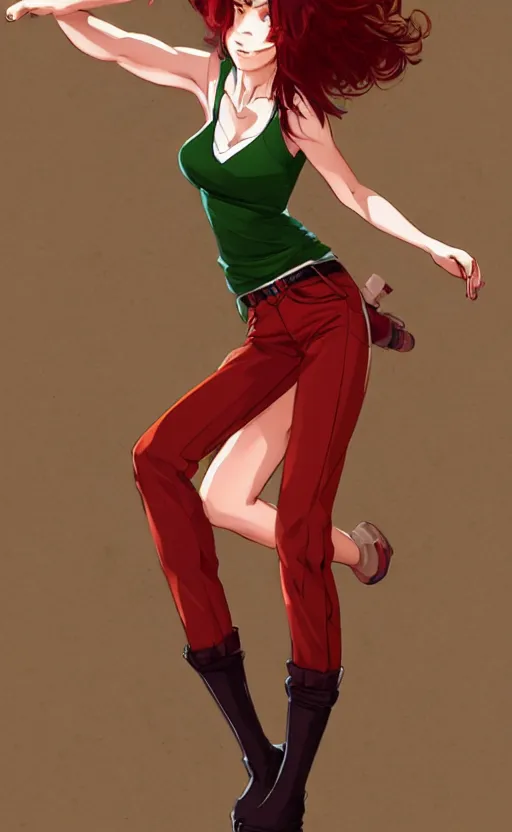 Prompt: full-body shot of an attractive tomboy girl with long, crimson red hair and red eyes, wearing a brown, open jacket and green jeans with a stern look, midriff, concept art, character design, by WLOP, Ross Draws, by Tomine, by Satoshi Kon, by Rolf Armstrong