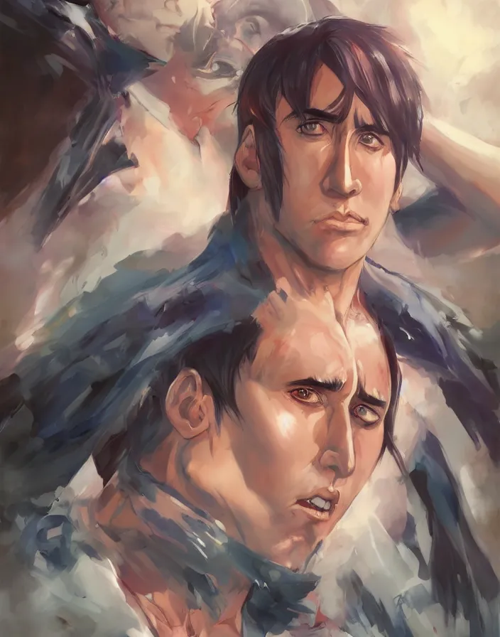 Image similar to anime portrait of nicolas cage as a muscular anime boy by Stanley Artgerm Lau, WLOP, Rossdraws, James Jean, Andrei Riabovitchev, Marc Simonetti, and Sakimichan, trending on artstation