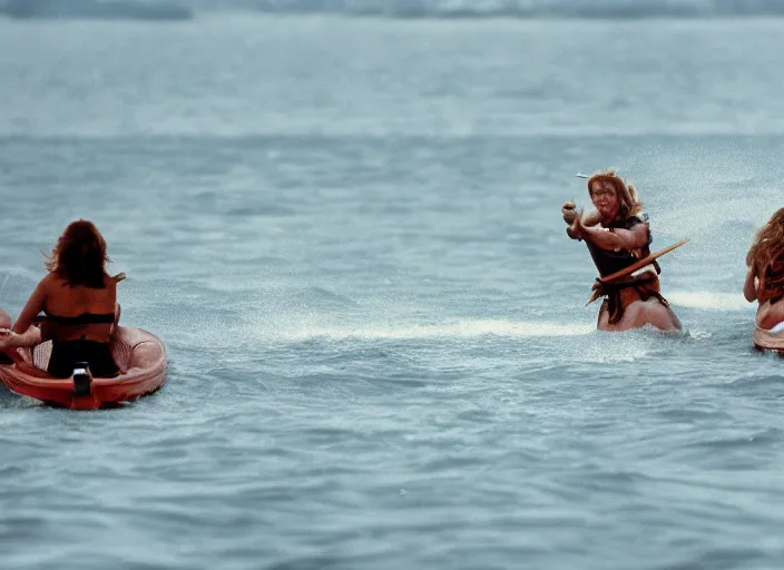 Image similar to photo of viking women in speed boats hunting surfers, fujifilm velvia 5 0