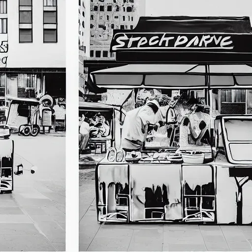 Prompt: marker paintings of street food with off white background in black and white