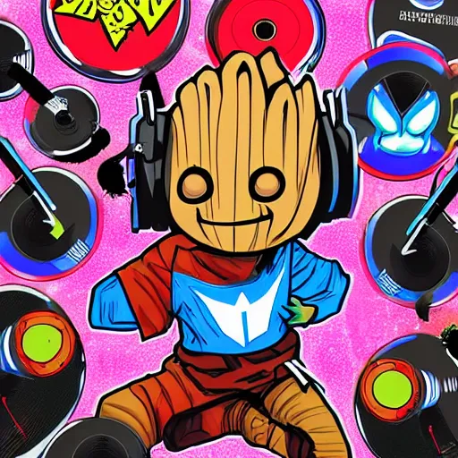 Image similar to svg sticker of a Pop-Wonder Groot-Marvel-Avenger at a rave, spinning records, giant headphones rocking out, wearing headphones, huge speakers, dancing, rave, DJ, spinning records, digital art, amazing composition, rule-of-thirds, award-winning, trending on artstation, featured on deviantart