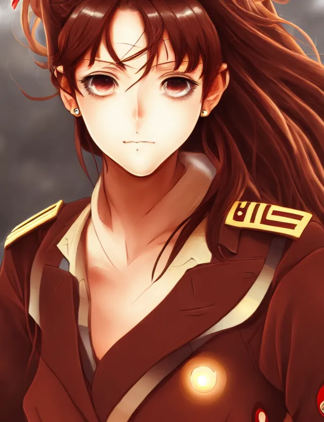 Image similar to a detailed manga portrait of a beautiful brown haired woman in a military uniform glowing with swirling red energy, trending on artstation, digital art, 4 k resolution, detailed, high quality, sharp focus, hq artwork, coherent, insane detail, character portrait