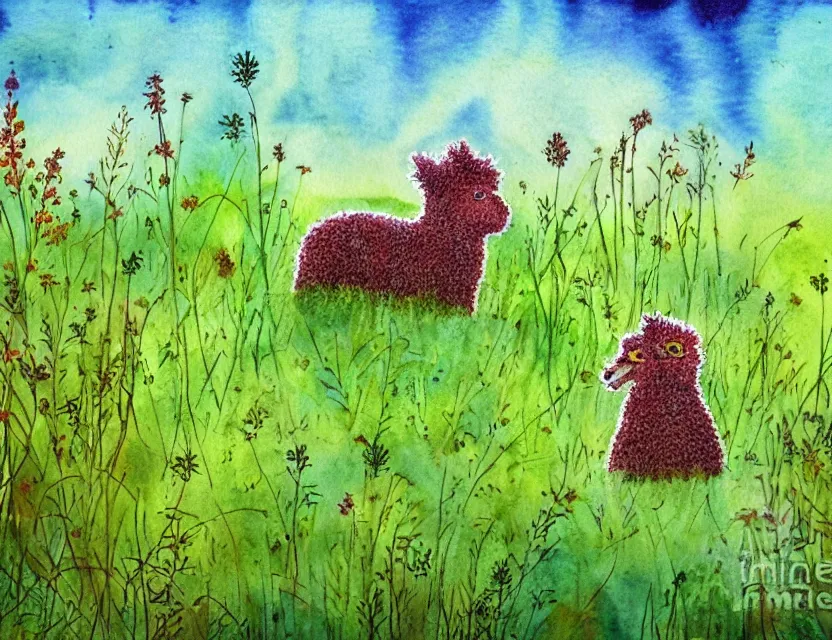 Prompt: feral chia pet in the meadow. russian fairytale art, watercolor, dynamic composition, backlighting