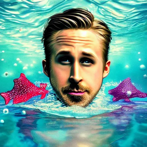 Image similar to ryan gosling portrait, fantasy, mermaid, hyperrealistic, game character, underwater, highly detailed, sharp focus, cinematic lighting, pearls, glowing hair, shells, gills, crown, water, highlights, starfish, jewelry, realistic, digital art, pastel, magic, fiction, ocean, king, colorful hair, sparkly eyes, fish, heroic, god, waves, bubbles