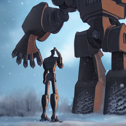 Image similar to the iron giant standing stoically in the snow after a battle with the U.S.millitary, full body image, highly detailed, deep aesthetic, 4k, highly ornate intricate details, rich colors, digital artwork, symmetrical, ray tracing,