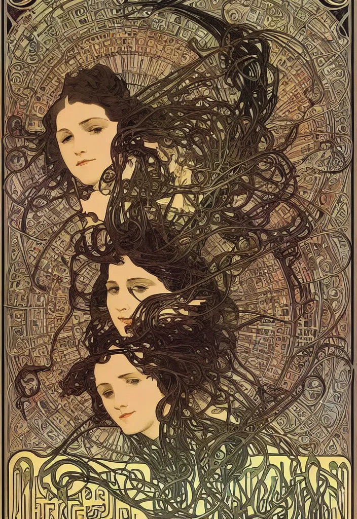 Image similar to intricate poster art by alphonse mucha and emek, a large robot head in the middle with hundreds of wires plugged into it's face, digital art, poster frame, concert poster