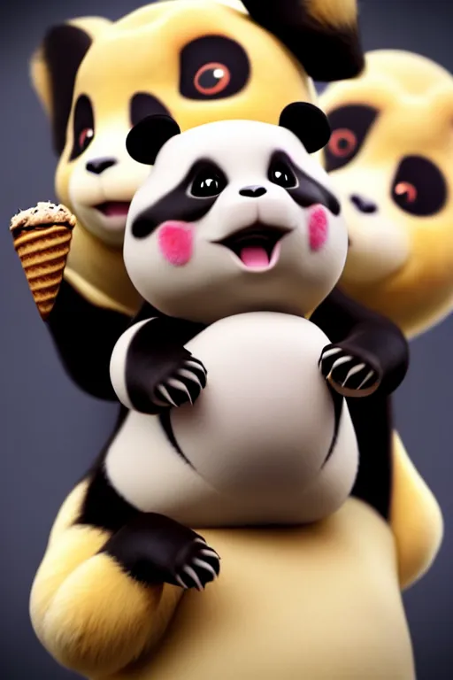 Image similar to high quality 3 d render hyperrealist very cute creepy happy panda & tortoise hybrid eating ice cream, vray smooth, in the style of detective pikachu, very dramatic light, low angle, uhd 8 k, shallow depth or field