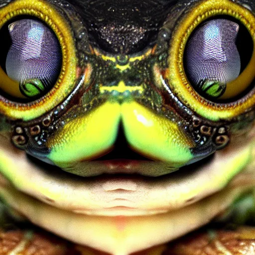 Image similar to closeup of a frog with the eyes of a house - fly, creature hybrid, high resolution photo, trending on artstation, 8 k