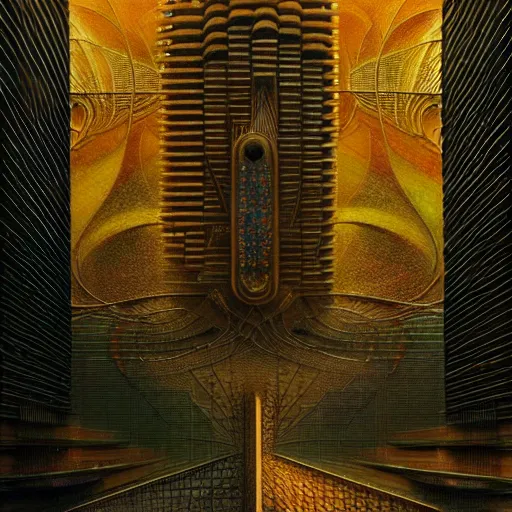 Image similar to extremely psychedelic beautiful brutalist architecture infected by night. intricate, elegant, highly detailed, extremely lifelike photorealistic digital painting, artstation. steichen, gaston bussiere, tom bagshaw, brutalist cyberpunk alphonse mucha. elegant minimalism. anatomically correct. sharp focus. black and gold. surreal lush cosmic hallucination