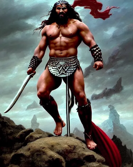 Image similar to beautiful portrait oil painting, jason momoa conan the barbarian thor standing on a rocky hill, wearing a warrior king crown and royal crimson fantasy ornate spartan dragon scale armor, wet skin and hair, muscular!!!, battle action pose, frank frazetta, boris vallejo, greg rutkowski, beautiful cinematic light, low angle, greg rutkowski, high contrast