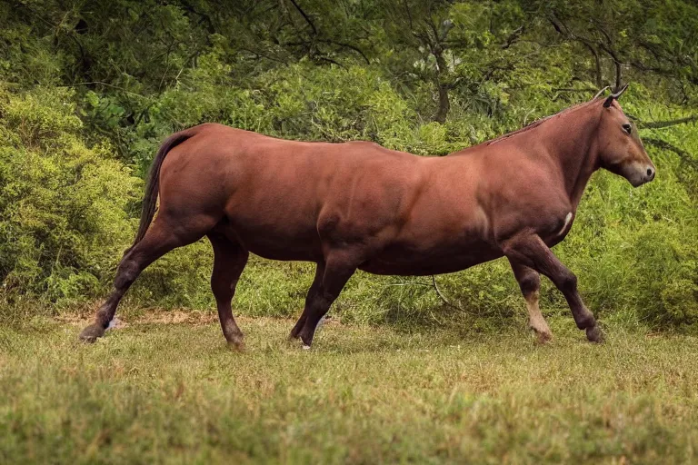 Image similar to a horse bull!!! hybrid! hyper realistic!! realistic lighting!! wildlife photographer of the year!!! bold natural colors, national geographic, hd, wide angle, 8 k