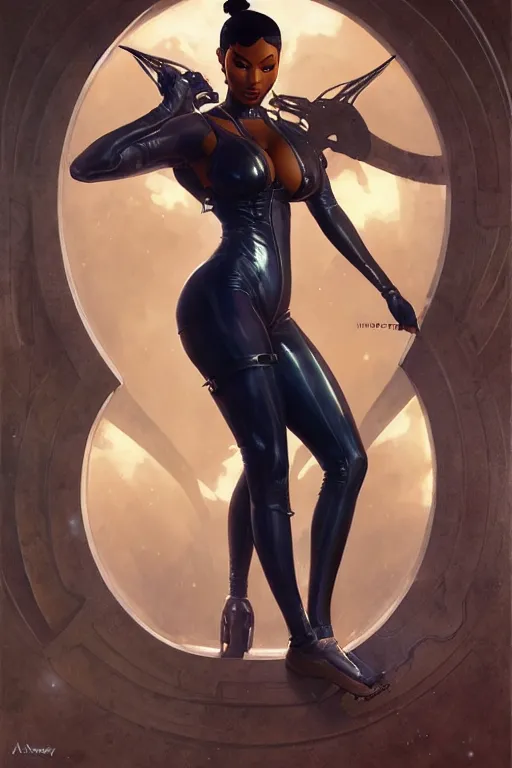 Image similar to megan thee stallion as aeon flux profile picture by greg rutkowski, dynamic pose, intricate, futuristic, fantasy, elegant, by stanley artgerm lau, greg rutkowski, thomas kindkade, alphonse mucha, loish, norman rockwell,