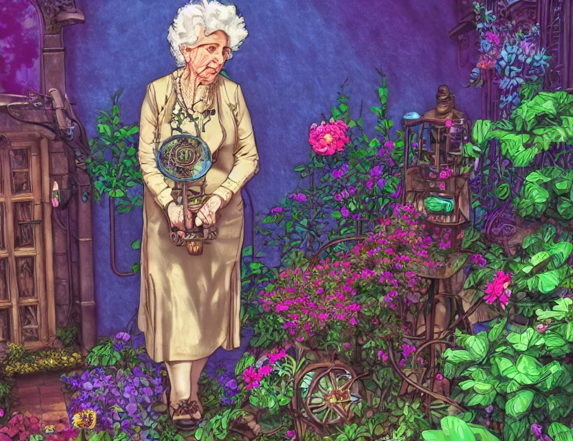 Prompt: granny in steampunk vaporwave courtyard garden. complementary colors, gouache, indie concept art, bloom, chiaroscuro, backlighting, intricate details.