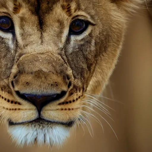 Image similar to Photorealistic photograph of a lion cub by Suzi Eszterhas, photorealism, photorealistic, realism, real, highly detailed, ultra detailed, detailed, 70–200mm f/2.8L Canon EF IS lens, Canon EOS-1D Mark II, Wildlife Photographer of the Year, Pulitzer Prize for Photography, 8k, expo-sure 1/800 sec at f/8, ISO 400