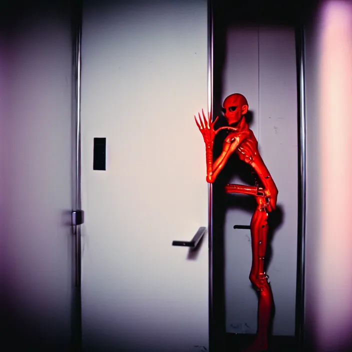 Prompt: skinny agile neon cyborg trying to claw its way out of a bathroom stall, by chris cunningham, nightmare, horror, 3 5 mm, film shot