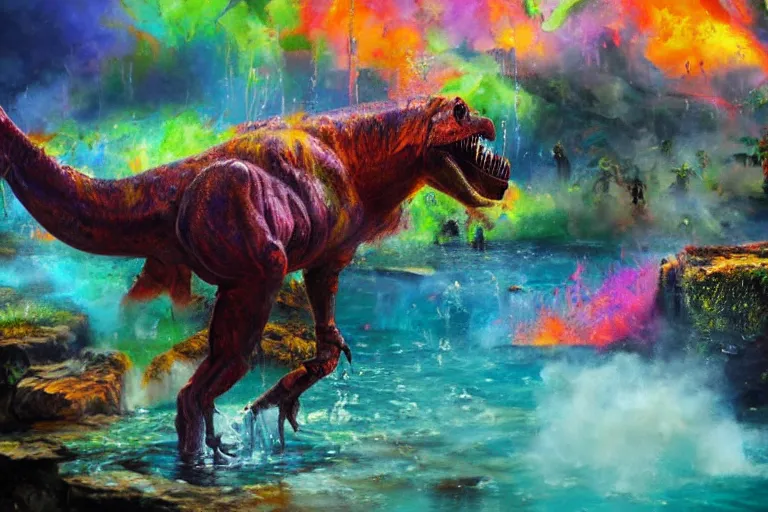 Image similar to highly detailed oil painting of a tyrannosaurus rex in a steaming colorful hotspring, featured on artstation