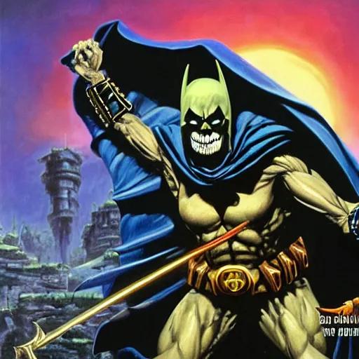 Image similar to oil painting of skeletor as batman, art by jeff easley, 4 k, dnd magazine cover, fantasy, highly detailed, epic lighting