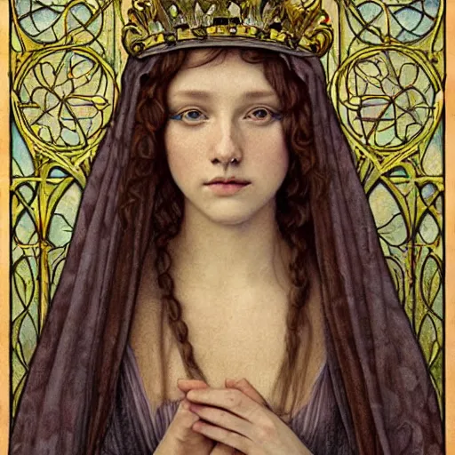 Image similar to detailed realistic beautiful young medieval queen face portrait by quinton hoover, art nouveau, symbolist, visionary, gothic, pre - raphaelite