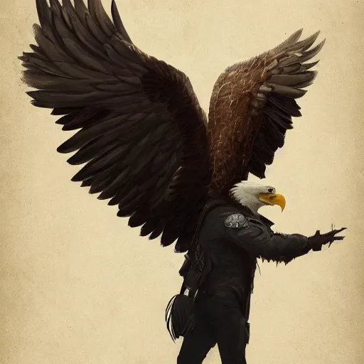 Image similar to a bald eagle in a leather jacket with wings insignia, greg rutkowski, artstation