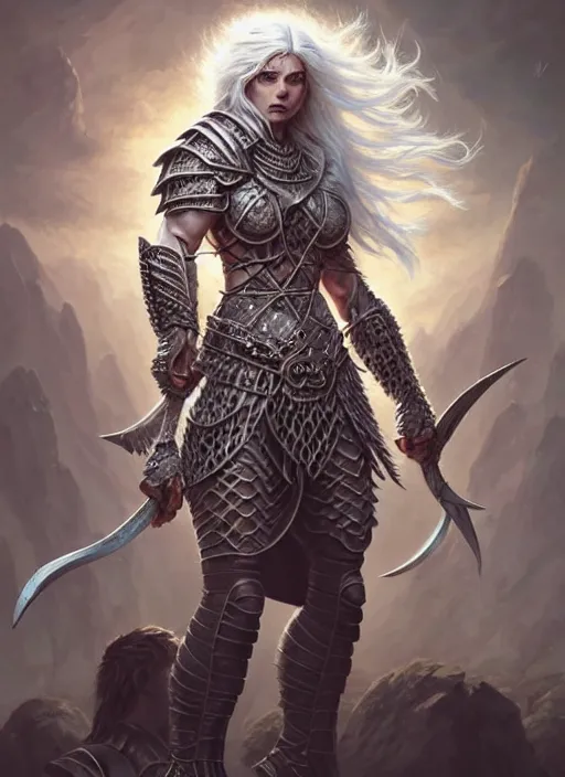 Image similar to barbarian, plated armor!!! long wild white hair!! fantasy, d & d, intricate ornate details, digital painting, beautiful eyes!, pretty face!!, symmetry, concept art, sharp focus, illustration, art by artgerm! greg rutkowski magali villeneuve wlop! ilya kuvshinov!!, octane render