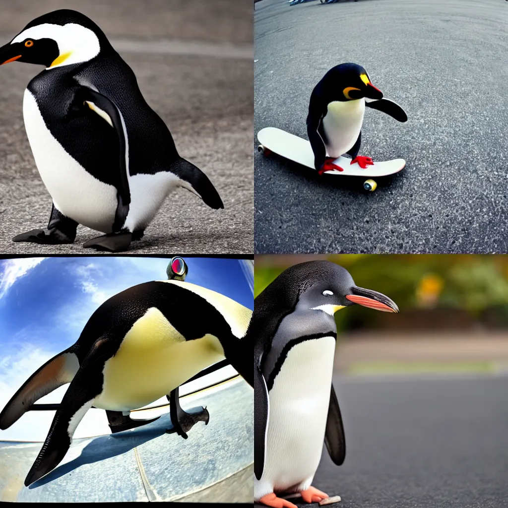 Prompt: penguin doing a skateboard trick, close up photograph, fish eye