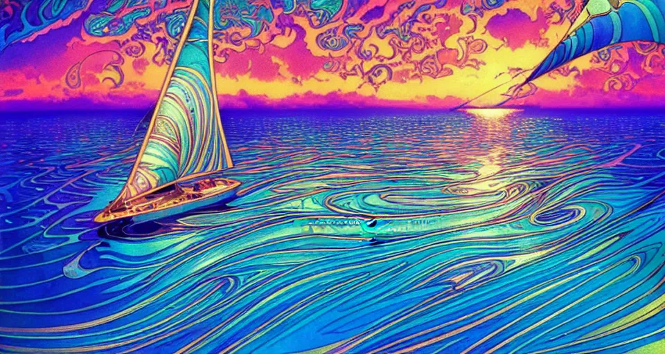 Prompt: crazy psychedelic ocean, luxury yacht sailing across the psychedelic ocean, paisley swirls and ripples, backlit, sunset, refracted lighting, outdoors, paisley pattern, elegant, 8 k resolution, intricate and fine details, digital painting, artstation, illustration, psychedelic ocean art, krenz cushart, alphonse mucha