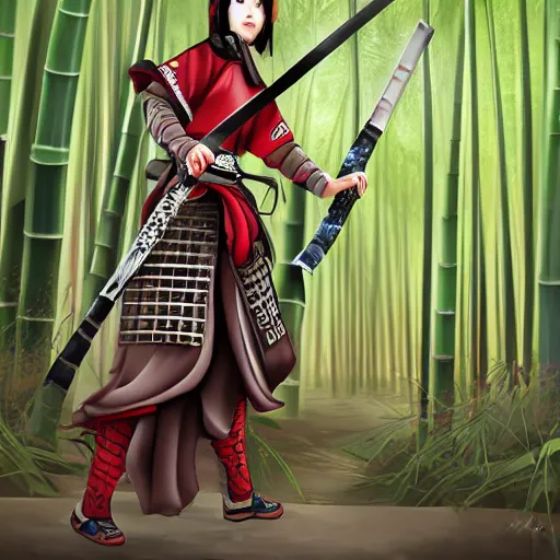 Prompt: Female Samurai in full traditional armor, with a katana and wakizashi, standing in a bamboo forest, digital painting, by Sakimi Chan, artstation, 4k
