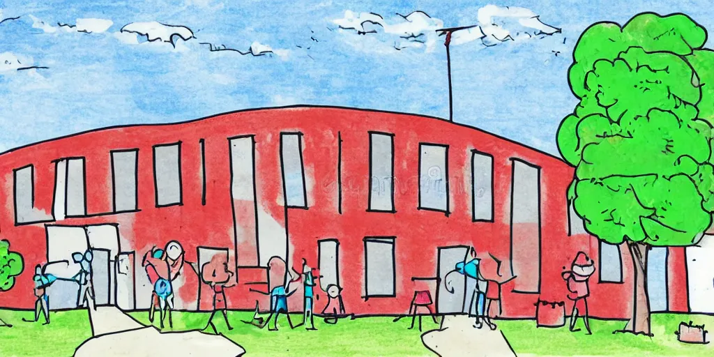 Prompt: school exterior, children's hand drawn illustration