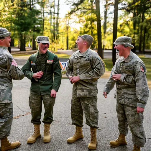 Image similar to a group of fox animals dressed in modern american military soldier uniforms, laughing at a computer, 8 5 mm f / 1. 4