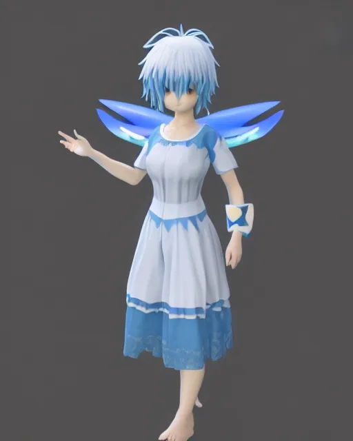 Image similar to full body 3d render of Cirno, studio lighting, white background, blender, trending on artstation, 8k, highly detailed