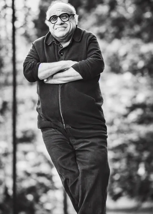 Image similar to photo of danny devito but he's really really tall, 8 5 mm f / 1. 8, bokeh, backlit