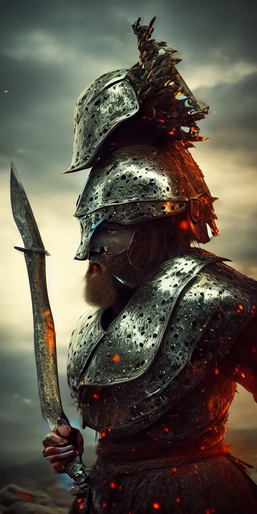 Image similar to portrait photo of a brutal nordic Warrior, wearing intricate steel armor, holding magical fiery battle-axe, sharp focus, highland landscape with few trees background, magical aura, heroic pose, fantasy style, octane render, volumetric lighting, 8k high definition, highly detailed, trending on ArtStation, centered