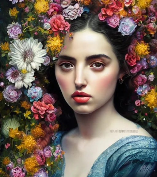 Image similar to portrait of ana de armas in 3 0 s, surrounded by flowers by karol bak, james jean, tom bagshaw, rococo, trending on artstation, cinematic lighting, hyper realism, octane render, 8 k, hyper detailed