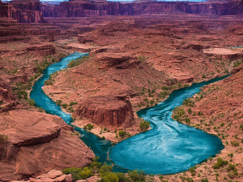 Image similar to “a river running through a canyon surrounded by desert mountains, moab, utah, a tilt shift photo by Frederic Church, trending on unsplash, hudson river school, photo taken with provia, national geographic photo, tilt shift”