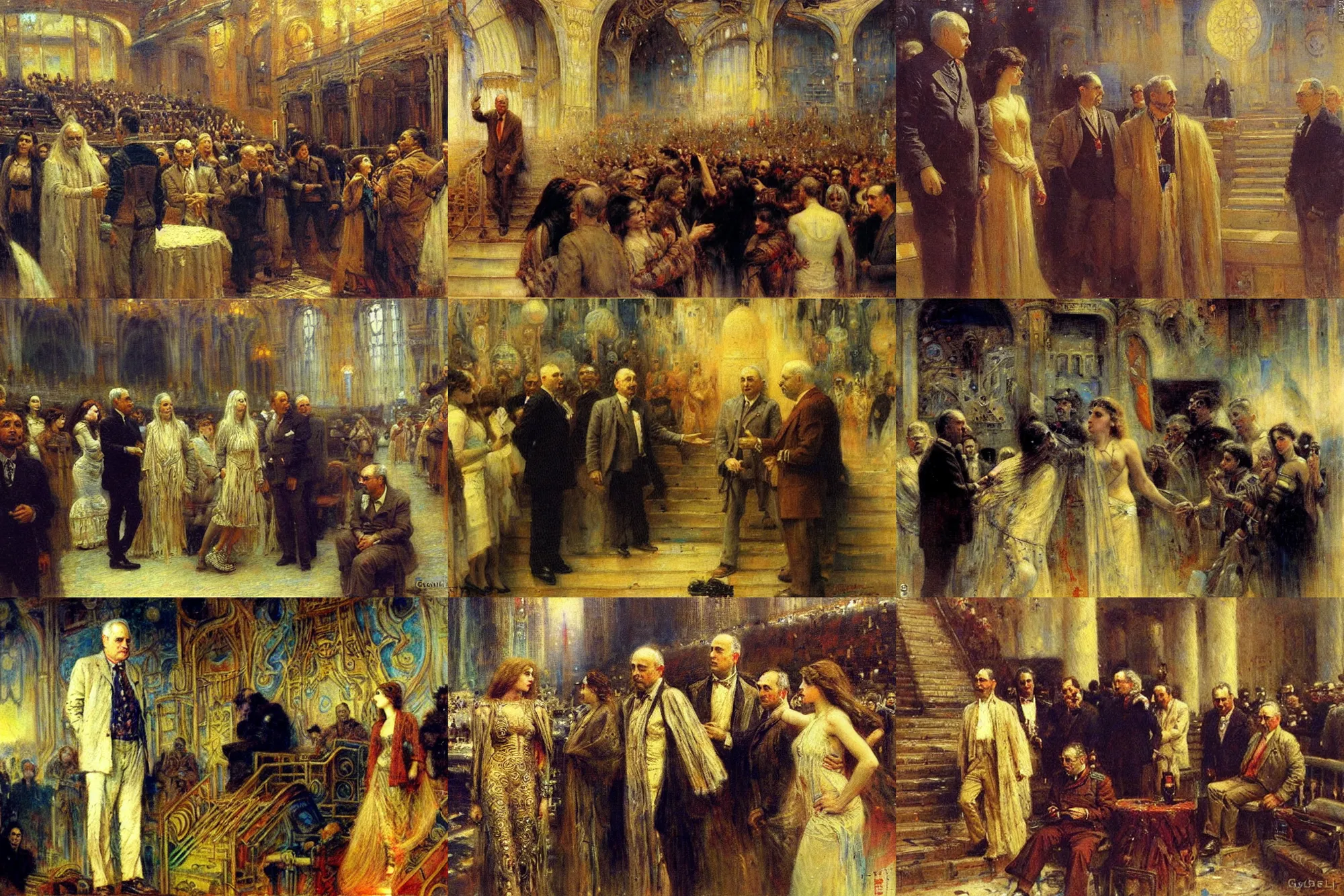 Prompt: ijon tichy visiting the futurological congress by stanislaw lem painted by gaston bussiere