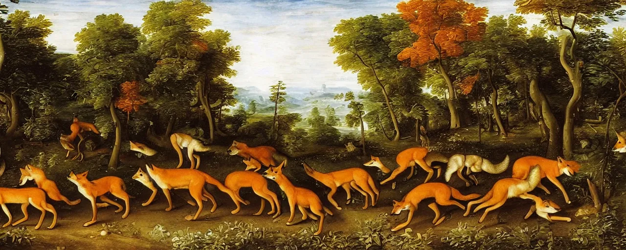 Image similar to A group of foxes and wolves running through the forest, masterwork painting by Jan Brueghel the Elder
