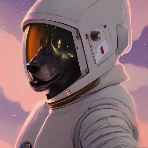 Image similar to A portrait of an anthropomorphic wolf in an astronaut suit by Vincent DiFate, Greg Rutkowski, cinematic 8k trending on artstation, anthro wolf astronaut