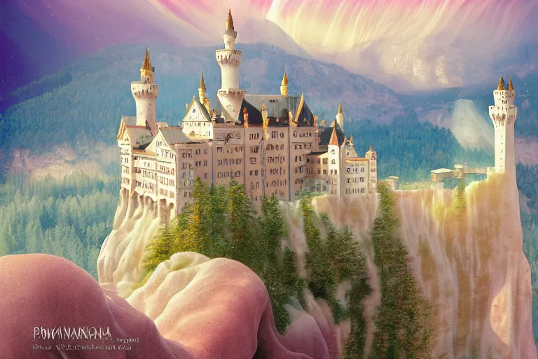 Image similar to neuschwanstein castle on pamukkale thermal waters flowing down gold travertine terraces in royal blue antelope canyon during sakura season on an interstellar aurora borealis with heavy thunder and lightning, pink waterfalls, by peter mohrbacher, james jean, james gilleard, greg rutkowski, vincent di fate, rule of thirds, beautiful landscape